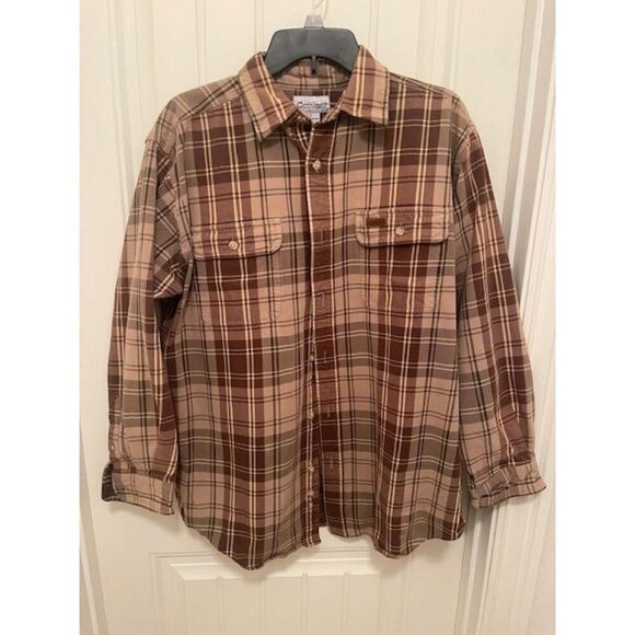 Carhartt Men's Plaid Long Sleeve Shirt L 100% Cotton Brown‎ & Beige WARM & COZY - Picture 1 of 13